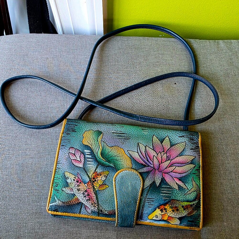Anuschka hand-painted leather crossbody wallet purse Koi Pond